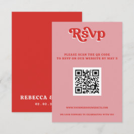Retro Groovy 70er Niedlich Rosa und Rot QR-Code RSVP Karte