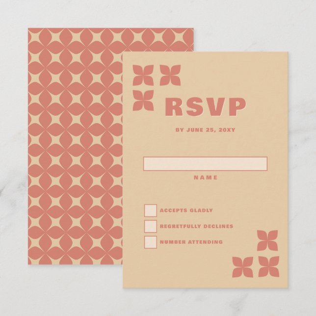Retro Groovy 70er Pattern Terracotta Wedding RSVP Karte (Vorne/Hinten)