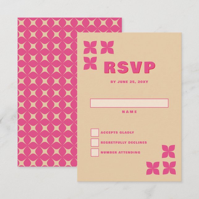 Retro Groovy 70er Pink Beige Wedding RSVP Karte (Vorne/Hinten)