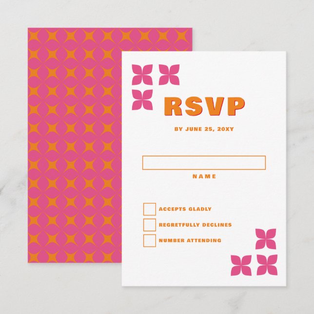 Retro Groovy 70er Pink Orange Wedding RSVP Karte (Vorne/Hinten)