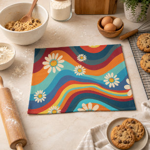 Retro Groovy 70er Regenbogen Gänseblümchen Geschirrtuch