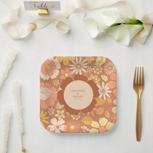 Retro Groovy 70er Themed Mutes Hochzeit Pappteller (Hochzeit)