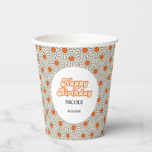 Retro Groovy Arch Bright Orange Daisy Birthday Pappbecher