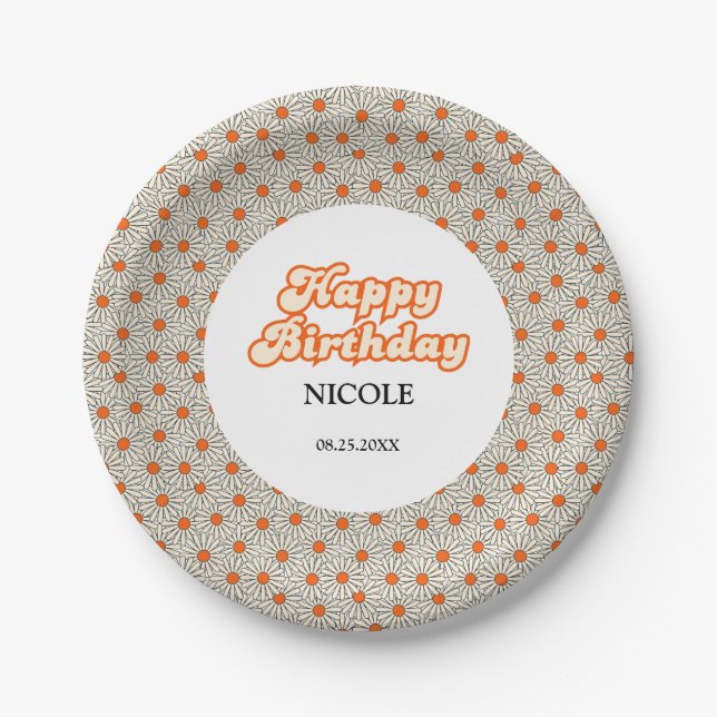 Retro Groovy Arch Bright Orange Daisy Birthday Pappteller (Vorderseite)