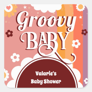 Retro Groovy Baby Dusche Quadratischer Aufkleber