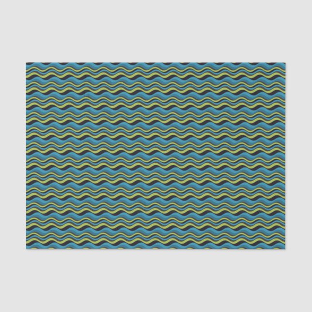Retro Groovy Blue Green Grey Sea Waves Muster Seidenpapier (Vorderseite)