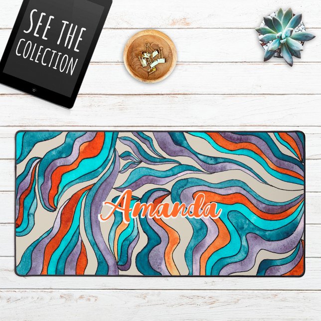 Retro Groovy Blue Orange Lila Wavy-Script-Name Schreibtischunterlage (Von Creator hochgeladen)