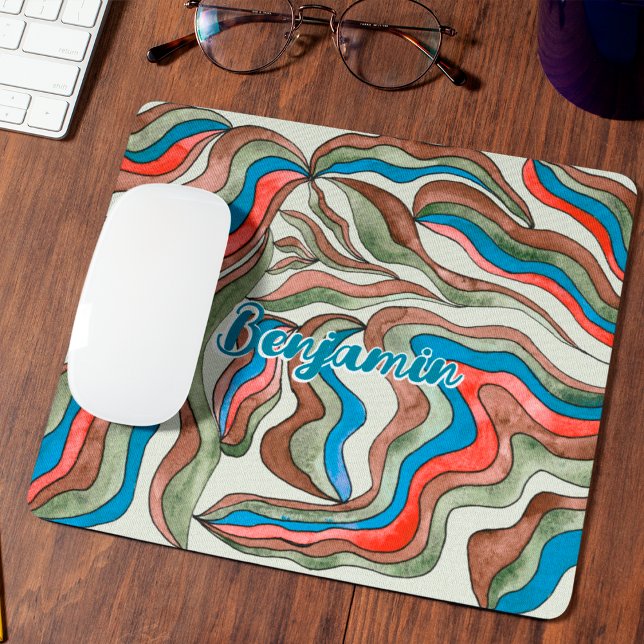 Retro Groovy Blue Red Green Wavy Script Name Mousepad (Front)