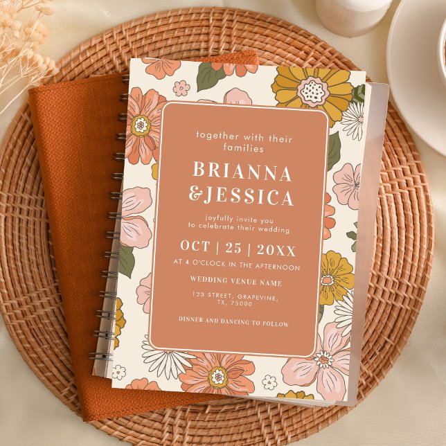 Retro Groovy Blume Muster Foto Monogram Wedding Einladung (Von Creator hochgeladen)