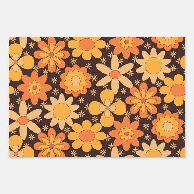 Retro Groovy Blumenmuster Gelb und Orange Geschenkpapier Set (Vorderseite)