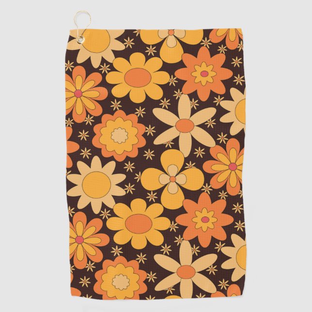 Retro Groovy Blumenmuster Gelb und Orange Golfhandtuch (Vorderseite)