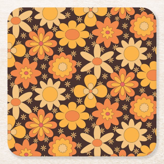 Retro Groovy Blumenmuster Gelb und Orange Rechteckiger Pappuntersetzer (Vorderseite)