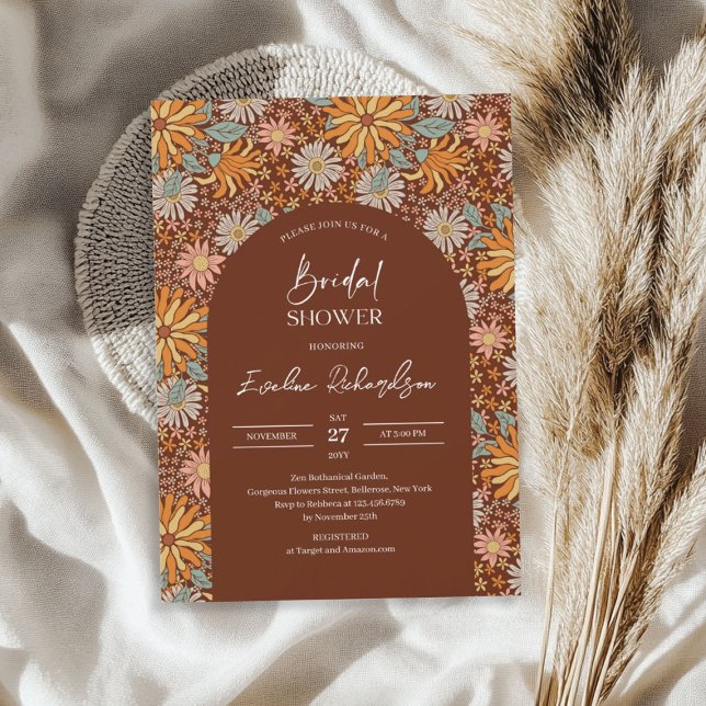Retro Groovy boho arch crimson rosa Blume Einladung (Retro groovy boho arch crimson red orange flowers invitation)