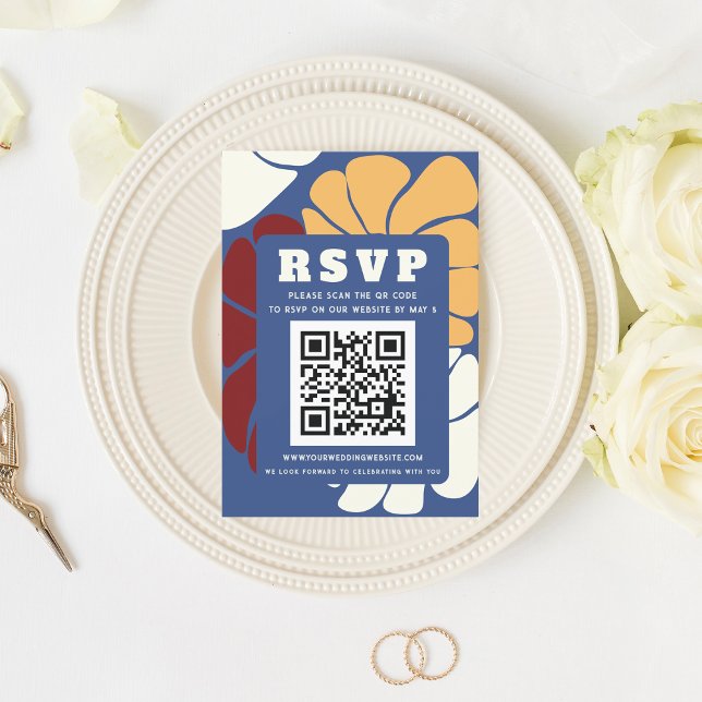 Retro Groovy Boho Chic Floral Wedding QR CODE RSVP Karte (Retro Groovy Boho Chic Floral Wedding QR CODE RSVP Card)