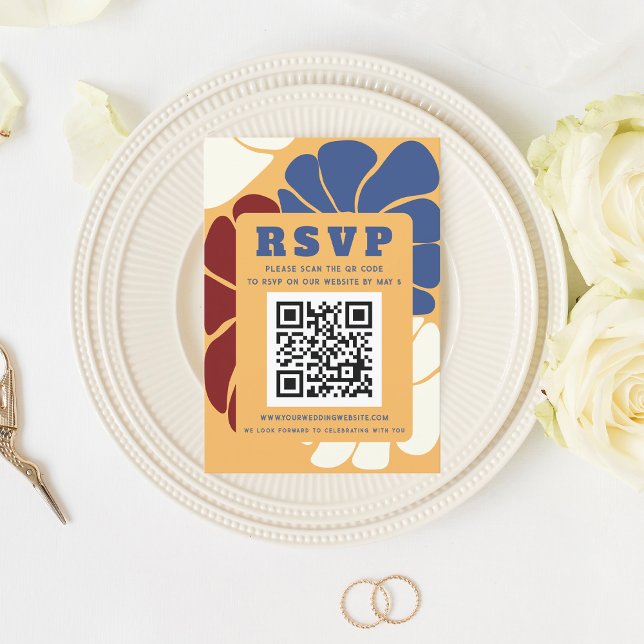 Retro Groovy Boho Chic Floral Wedding QR CODE RSVP Karte (Retro Groovy Boho Chic Floral Wedding QR CODE RSVP Card)