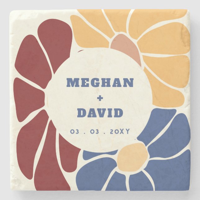 Retro Groovy Boho Chic Floral Wedding Steinuntersetzer (Vorderseite)