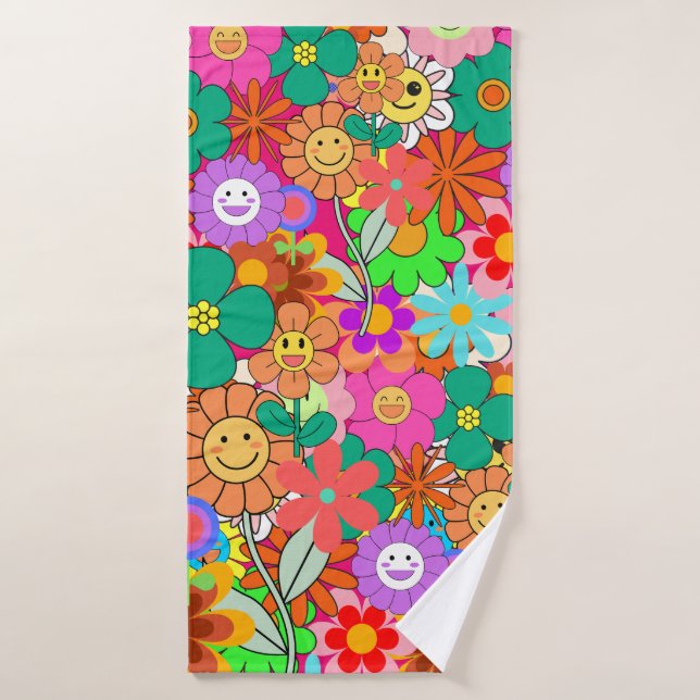 Retro Groovy Boho Hippie Blume Badehandtuch (Badehandtuch)