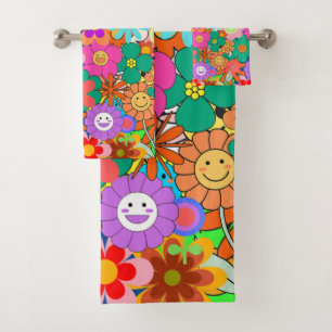 Retro Groovy Boho Hippie Blume Badhandtuch Set
