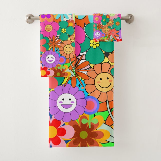 Retro Groovy Boho Hippie Blume Badhandtuch Set (Insitu)