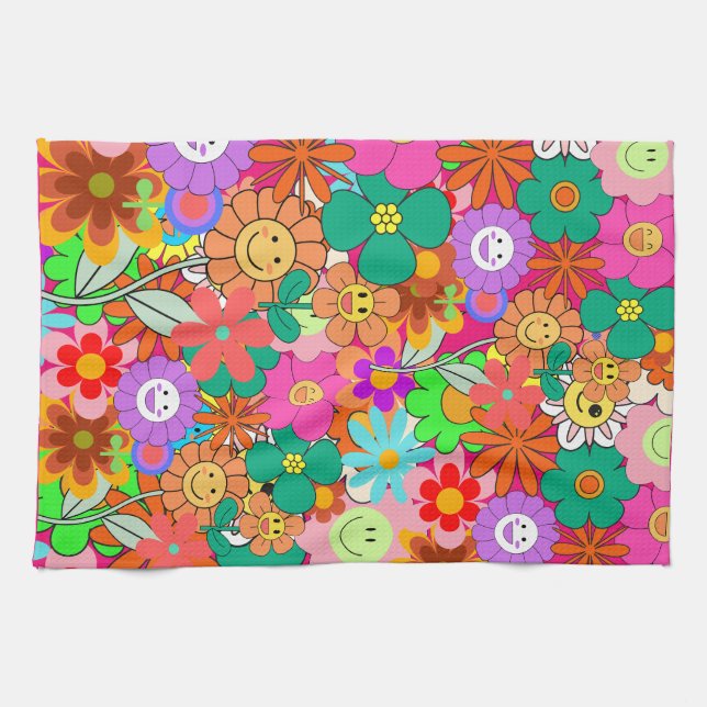 Retro Groovy Boho Hippie Blume Geschirrtuch (Horizontal)