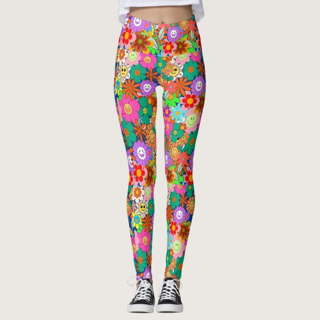 Retro Groovy Boho Hippie Blume Leggings (Vorderseite)
