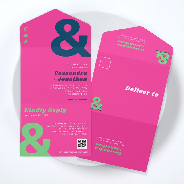 Retro Groovy Bold Bright Ampersand QR Code Wedding All In One Einladung (Von Creator hochgeladen)