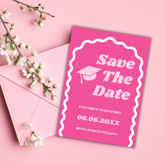 Retro Groovy Bold Pink Wavy Grad Cap Abschluss Save The Date (graduation save the date card retro groovy wavy arch bold hot pink blush class of 2024 grad cap)