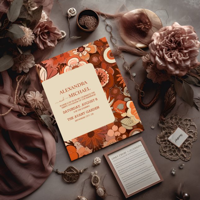Retro Groovy brennen orange Blumenhochzeit Einladung (Von Creator hochgeladen)