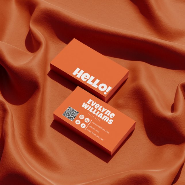 Retro Groovy Bright Orange QR Code Hallo Modern Visitenkarte (Von Creator hochgeladen)