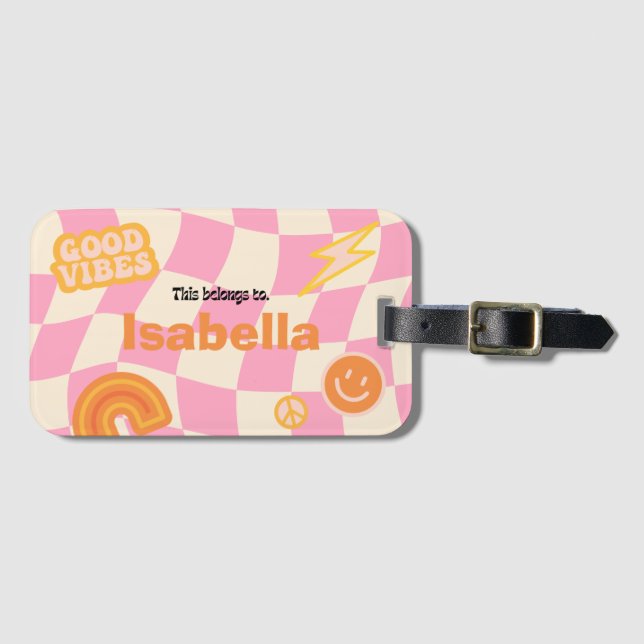 Retro Groovy Checkerboard Anpassbarer Name Gepäckanhänger (Vorderseite (Horizontal))