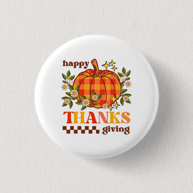 Retro Groovy Checkered Pumpkin Daisy Erntedank Button (Vorderseite)
