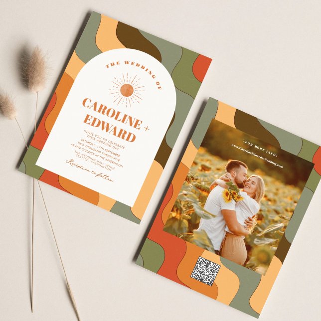 Retro Groovy Colorful Wavy Boho Wedding Qr Code Einladung (Von Creator hochgeladen)