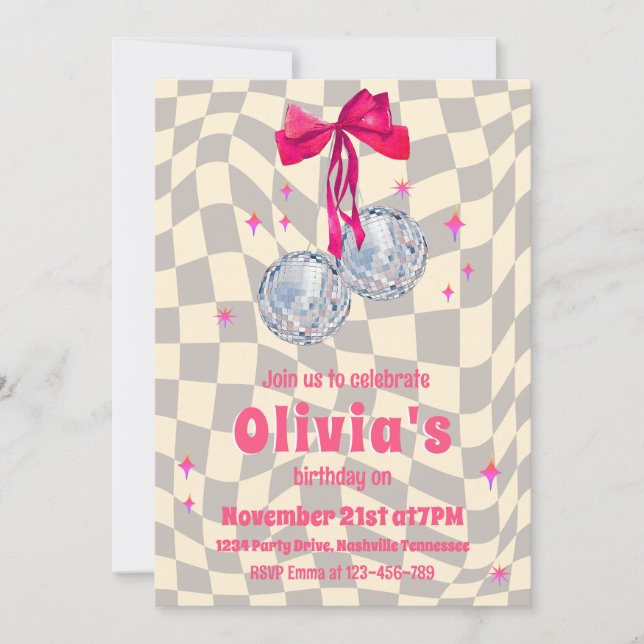 Retro Groovy Coquette Bow Diskothek Balls Geburtst Einladung (Vorderseite)