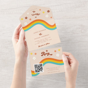 Retro Groovy Daisy Rainbow QR Code Hippie Wedding All In One Einladung