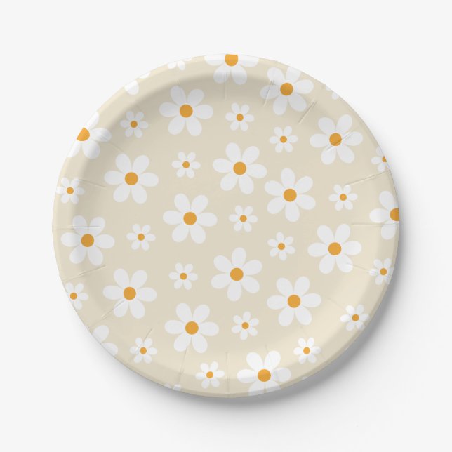 Retro Groovy Daisy Tan Birthday Pappteller (Vorderseite)
