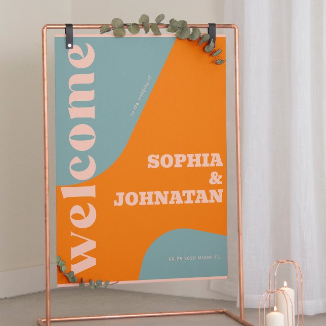 Retro groovy dusty blue typography welcome wedding poster (Von Creator hochgeladen)
