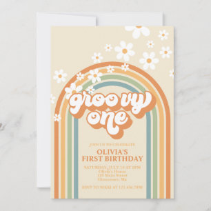 Retro Groovy Ein Regenbogen Braun Orange Geburtsta Einladung