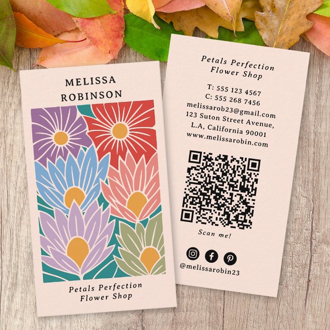 Retro Groovy Farbige Blumen QR-Code Florist Visitenkarte (Von Creator hochgeladen)