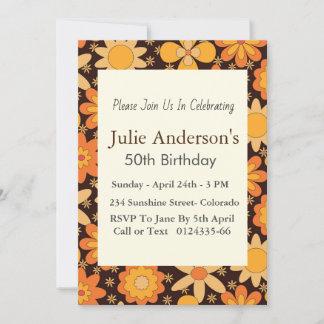 Retro Groovy Floral Yellow Orange 5 oth Birthday Einladung