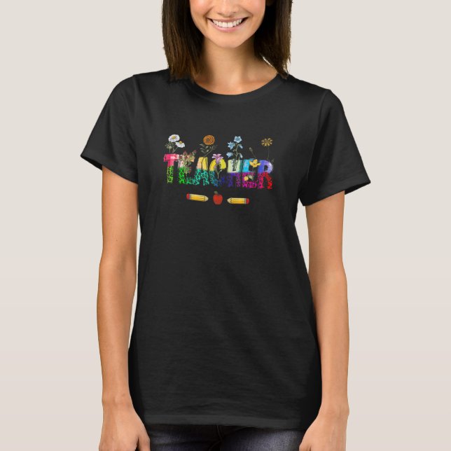 Retro Groovy Flower Teacher Pencil And Apple Schoo T-Shirt (Vorderseite)