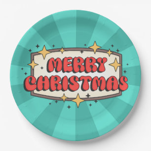 Retro Groovy fröhlicher Weihnachtstext Pappteller