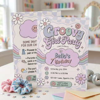 Retro Groovy Girl Pastel Purple Pink 7th Birthday Einladung
