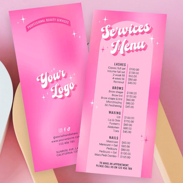 Retro Groovy Girly Pink Salon Nails Wellness-Cente Werbekarte (Embrace the groove with this trendy girly pink business price list of services)