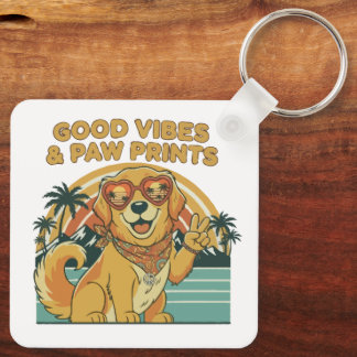 Retro Groovy Golden Retriever Hund Frieden & Liebe Schlüsselanhänger