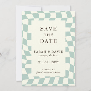 Retro Groovy Green Checkerboard Foto Save The Date