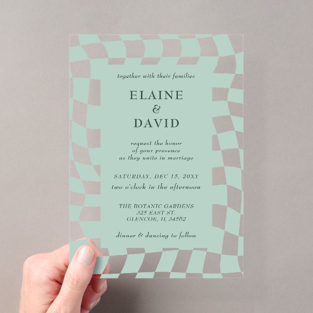 Retro Groovy Green Checkerboard Hochzeit Acryleinladungen (Insitu (Handheld))
