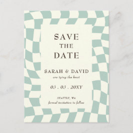 Retro Groovy Green Checkerboard Hochzeit Ankündigungspostkarte