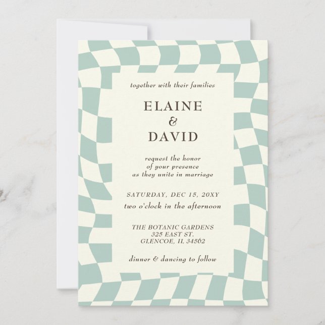 Retro Groovy Green Checkerboard Hochzeit Einladung (Vorderseite)