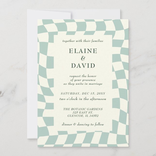 Retro Groovy Green Checkerboard Hochzeit Einladung (Vorderseite)