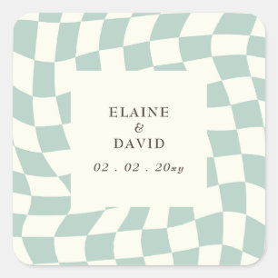 Retro Groovy Green Checkerboard Hochzeit Quadratischer Aufkleber